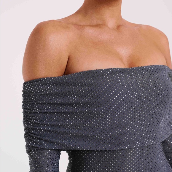 Meshki Sparkling Off-Shoulder Black Dress - Picture 2 of 5